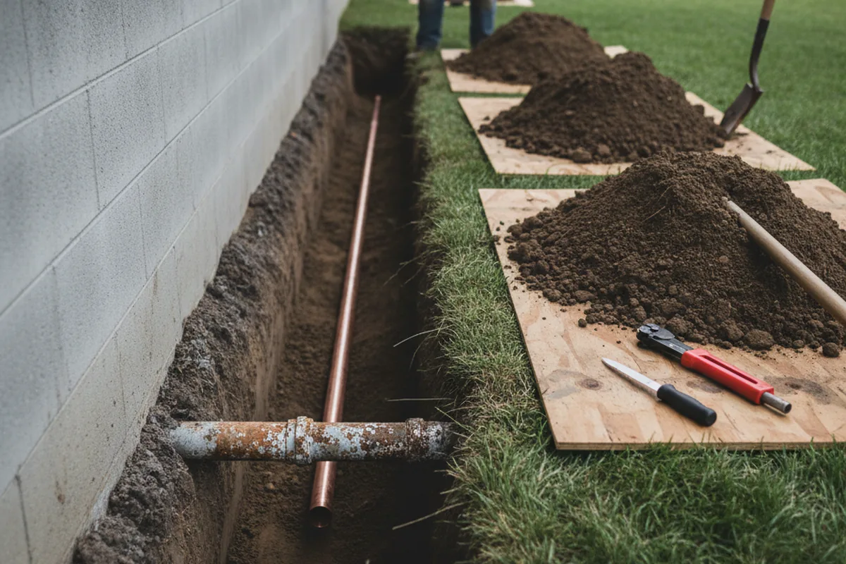 Excavated water line trench during Water Heater Repair in Pownal